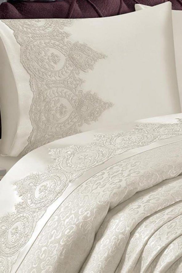 Lena Fransız Güpürlü Brokar Pike Takımı Krem - Resim 5