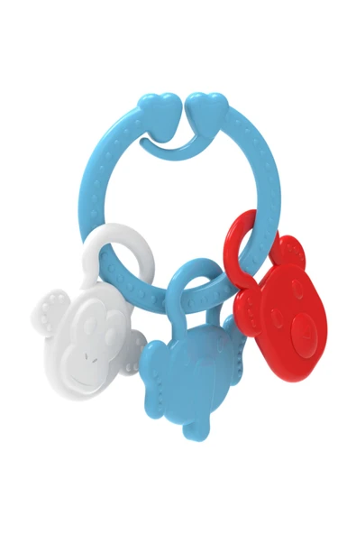 BABYSOFT Mavi Neşeli Çıngırak Ve Dişlik Ayıi Fil Ve Maymun Motif Kız / Erkek Bebek Ve Çocuk Gelişim