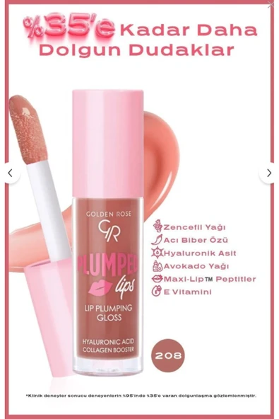 GOLDEN ROSE Plumped Lips Plumping Lipgloss 208 Dolgunlaştırıcı & Nemlendirici Dudak Parlatıcısı 4.7 ml