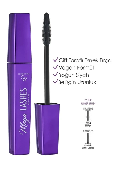 GOLDEN ROSE Mega Lashes Mascara Çift Taraflı Esnek Fırçalı Yoğun Siyah Maskara 12 ml