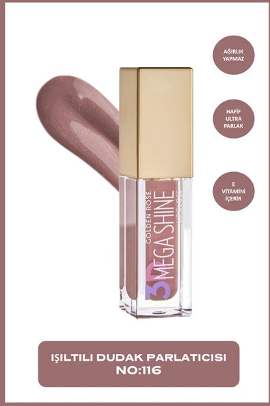 GOLDEN ROSE 3d Mega Shine Lipgloss No: 116 Shimmer - Sedefli Dudak Parlatıcısı - 8691190494773 - 1