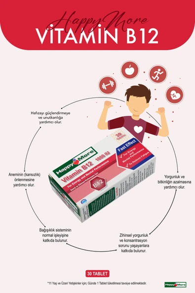 HAPPYMORE Vitamin B12 Takviye Edici Gıda - 30 Tablet - Resim 3