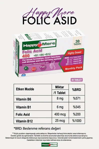 HAPPYMORE B Grubu Vitaminler Içeren Folik Asit Takviye Edici Gıda - Resim 5