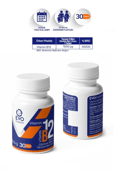 EVOPHARMA Vitamin B12 İçeren Çiğneme Tableti Takviye Edici Gıda - Resim 4