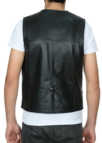 Spor Kesim Kemer Üstü Deri Yelek Siyah Renk - 2