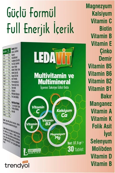 DERMOEXPRESS Ledavit Multivitamin Mineral 30 Tablet (KALSİYUM MAGNEZYUM ÇİNKO DEMİR VB.) ürün görseli