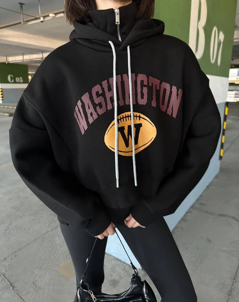 Kadın, Kapüşonlu, Dik Yaka Fermuarlı, Crop-Kısa, Bol-Oversize, Önü Yazı Baskılı, Haki, Sweatshirt - 8