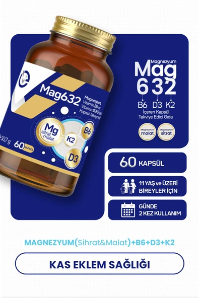 EVOPHARMA Mag632 | Magnezyum Malat, Magnezyum Sitrat, Vitamin B6 (P-5-P), D3k2 Vitamini 60 Kapsül ürün görseli