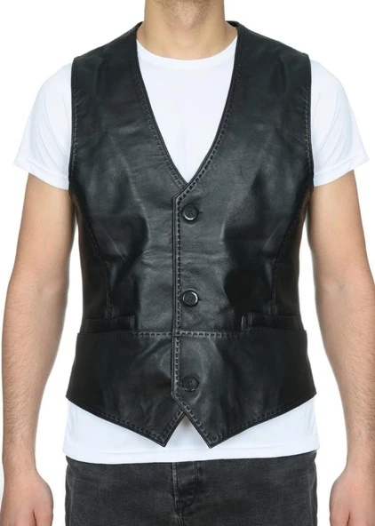 Spor Kesim Kemer Üstü Deri Yelek Siyah Renk - 3