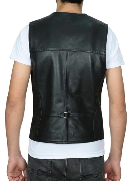 Spor Kesim Kemer Üstü Deri Yelek Siyah Renk - 11