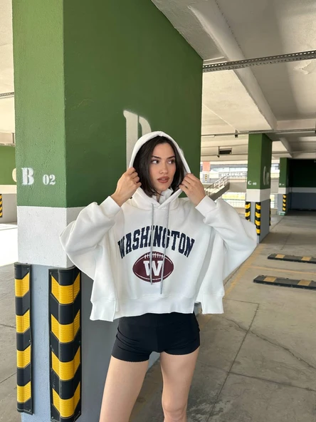 Kadın, Kapüşonlu, Dik Yaka Fermuarlı, Crop-Kısa, Bol-Oversize, Önü Yazı Baskılı, Haki, Sweatshirt - 4