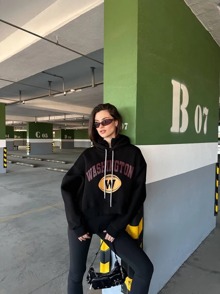 Kadın, Kapüşonlu, Dik Yaka Fermuarlı, Crop-Kısa, Bol-Oversize, Önü Yazı Baskılı, Haki, Sweatshirt - 10