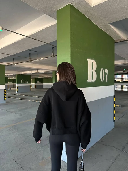Kadın, Kapüşonlu, Dik Yaka Fermuarlı, Crop-Kısa, Bol-Oversize, Önü Yazı Baskılı, Haki, Sweatshirt - 7