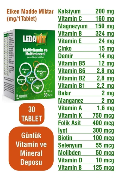 DERMOEXPRESS Ledavit Multivitamin Mineral 30 Tablet (KALSİYUM MAGNEZYUM ÇİNKO DEMİR VB.) - Resim 2