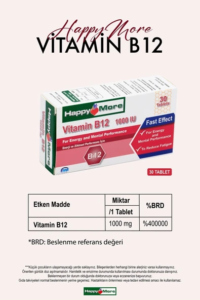 HAPPYMORE Vitamin B12 Takviye Edici Gıda - 30 Tablet - Resim 4