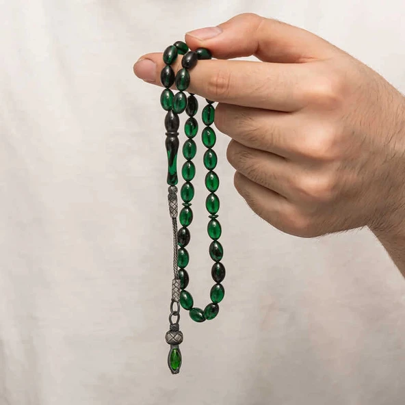 Supertrend Gümüş 1000 Ayar Kazaz Püsküllü Sıkma Kehribar Tesbih - Resim 5