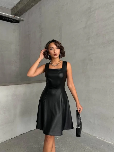 Kare yaka deri elbise siyah h24442 - 3