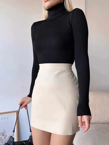 Düz deri etek bej h24468 - Resim 2