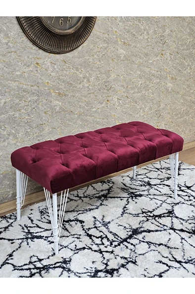 Beyaz Boyalı Tel Ayaklı 90 cm Puf Bench - Puf - Bench - Kasalı Oturak - Oturak - Yatak Ucu Puf Bordo Renk 90 x 41 Boyut/Ebat ürün görseli 1