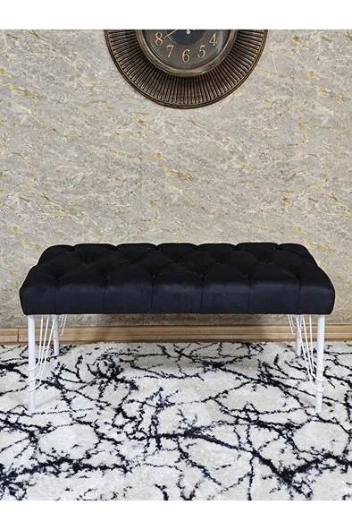 Beyaz Boyalı Tel Ayaklı 90 cm Puf Bench - Puf - Bench - Kasalı Oturak - Oturak - Yatak Ucu Puf Siyah Renk 90 x 41 Boyut/Ebat - 2