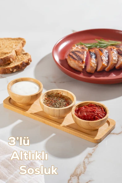 Porsima 2078 3lü Ahşap Bambu Standlı Kase Sosluk Reçellik Çerezlik İkramlık Sunumluk Seti Takımı ürün görseli 1