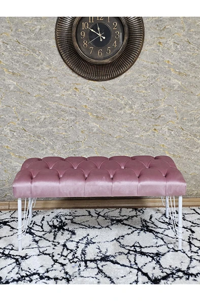 Beyaz Boyalı Tel Ayaklı 90 cm Puf Bench - Puf - Bench - Kasalı Oturak - Oturak - Yatak Ucu Puf Pembe Renk 90 x 41 Boyut/Ebat - Resim 2