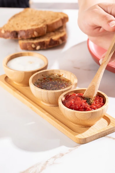 Porsima 2078 3lü Ahşap Bambu Standlı Kase Sosluk Reçellik Çerezlik İkramlık Sunumluk Seti Takımı - Resim 2