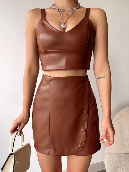 Beş düğmeli oval deri etek kahve h240068 - 4