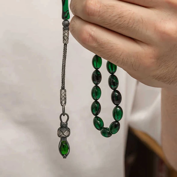 Supertrend Gümüş 1000 Ayar Kazaz Püsküllü Sıkma Kehribar Tesbih - Resim 2