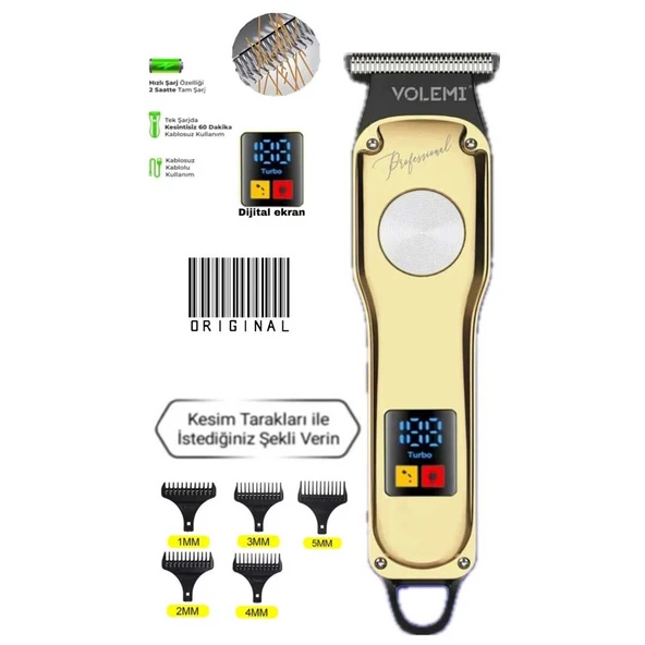 Volemi 00086 Profesyonel Sakal Ense Çizim Epilasyon Öncesi Dijital Göstergeli Tıraş Makinesi - Resim 2