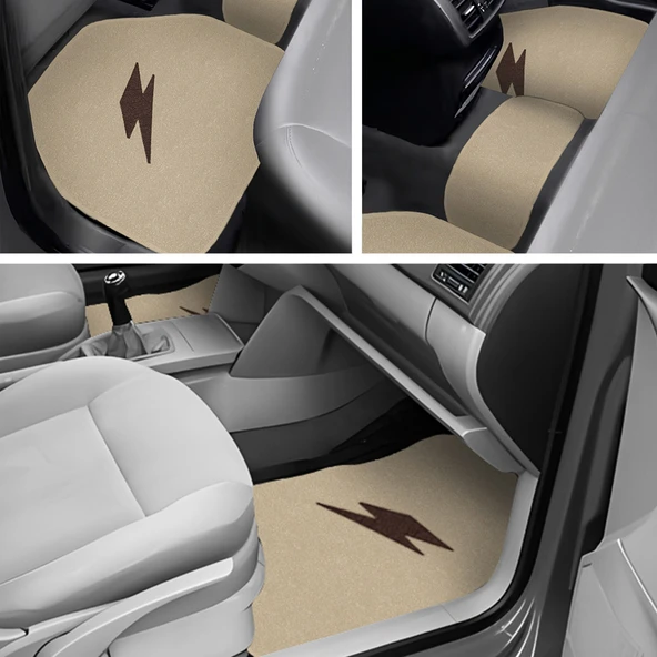 Kahverengi Şimşek Nakış Desenli 5'li Oto Halı Paspas Seti / Ön Arka Uyumlu Araç Oto Halı Paspas - Resim 3
