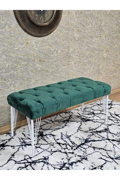Beyaz Boyalı Tel Ayaklı 90 cm Puf Bench - Puf - Bench - Kasalı Oturak - Oturak - Yatak Ucu Puf Yeşil Renk 90 x 41 Boyut/Ebat ürün görseli 1