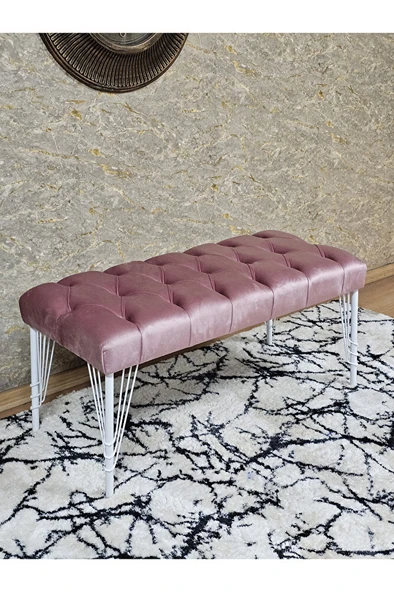 Beyaz Boyalı Tel Ayaklı 90 cm Puf Bench - Puf - Bench - Kasalı Oturak - Oturak - Yatak Ucu Puf Pembe Renk 90 x 41 Boyut/Ebat ürün görseli