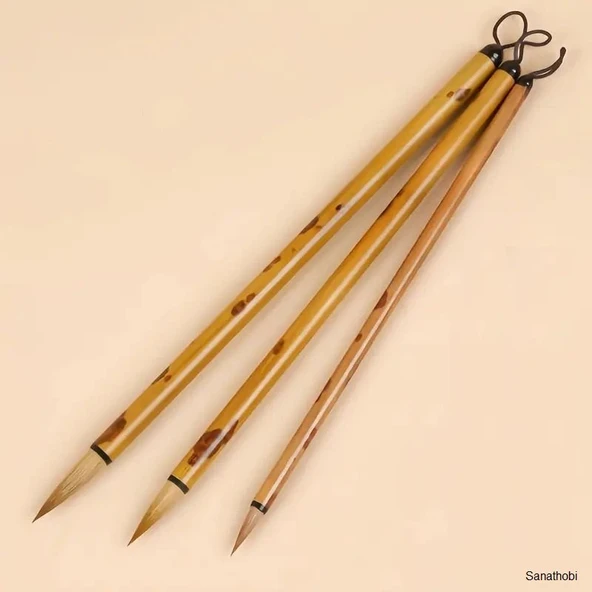 Tahrir fırça seti profesyonel kurt kılı, 3 farklı boy, sulu boya, akrilik, gouache, çini seramik - Resim 3