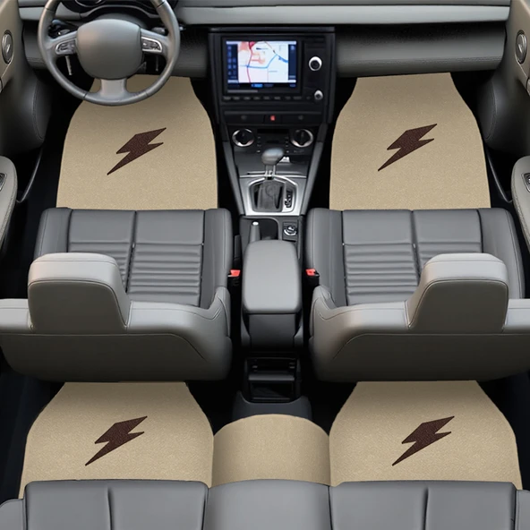 Kahverengi Şimşek Nakış Desenli 5'li Oto Halı Paspas Seti / Ön Arka Uyumlu Araç Oto Halı Paspas - Resim 2