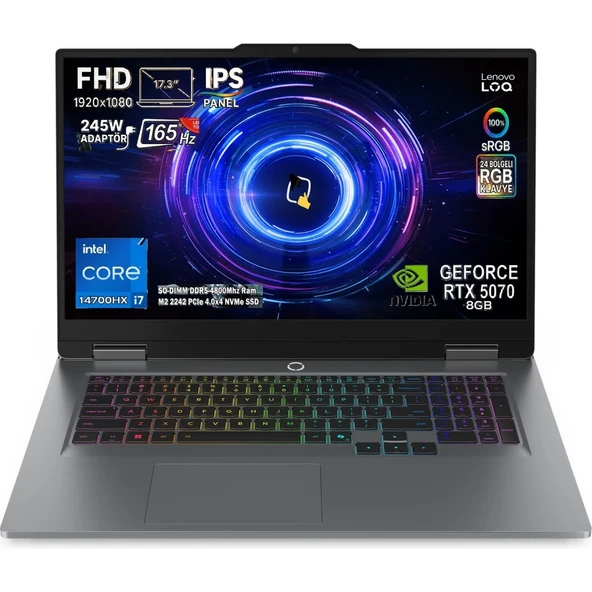 Loq 17IRX10 Intel Core I7 14700HX 24GB 1tb SSD Rtx 5070 8gb (115W) 17,3" Fhd 165Hz IPS Panel Windows 11 Pro Taşınabilir Bilgisayar 83JH006HTR Snertech ürün görseli 1
