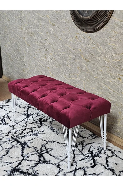 Beyaz Boyalı Tel Ayaklı 90 cm Puf Bench - Puf - Bench - Kasalı Oturak - Oturak - Yatak Ucu Puf Bordo Renk 90 x 41 Boyut/Ebat - Resim 4