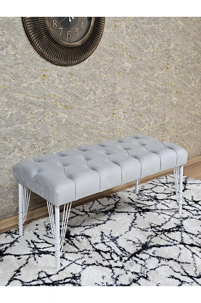 Beyaz Boyalı Tel Ayaklı 90 cm Puf Bench - Puf - Bench - Kasalı Oturak - Oturak - Yatak Ucu Puf Gri Renk 90 x 41 Boyut/Ebat ürün görseli