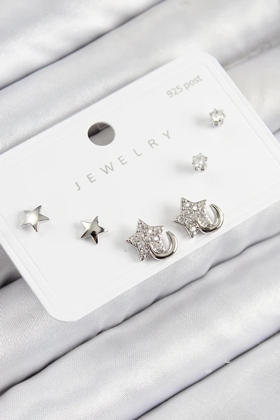 Pirinç Zirkon Taşlı Yıldız Model Gümüş Renk 925 Ayar Gümüş Çivi Kadın Küpe Set - TJ-BKP11177 ürün görseli