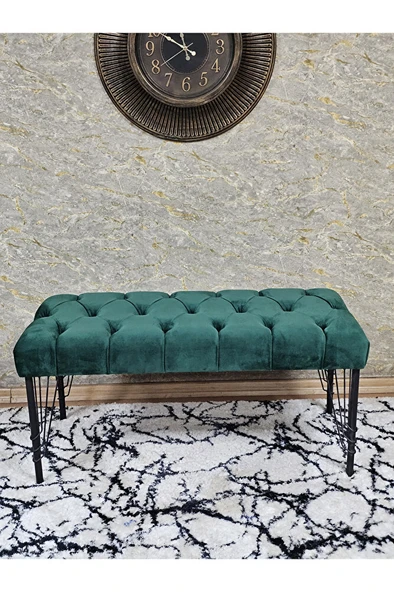 Siyah Boyalı Tel Ayaklı 90 cm Puf Bench - Puf - Bench - Kasalı Oturak - Oturak - Yatak Ucu Puf Yeşil Renk 90 x 41 Boyut/Ebat - Resim 2