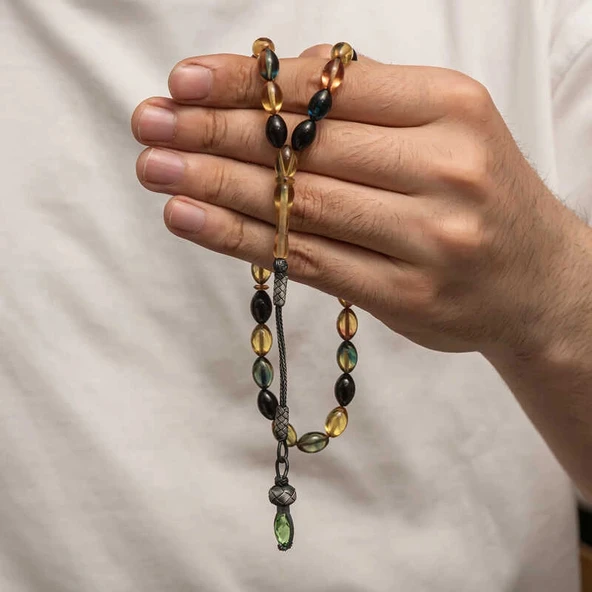 Supertrend Gümüş 1000 Ayar Kazaz Püsküllü Sıkma Kehribar Tesbih ürün görseli 1