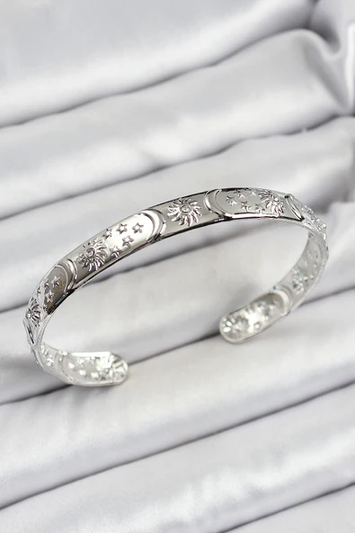 Pirinç Gümüş Renk İşlemeli Altı Açık Bileklik - TJ-BB7186 ürün görseli