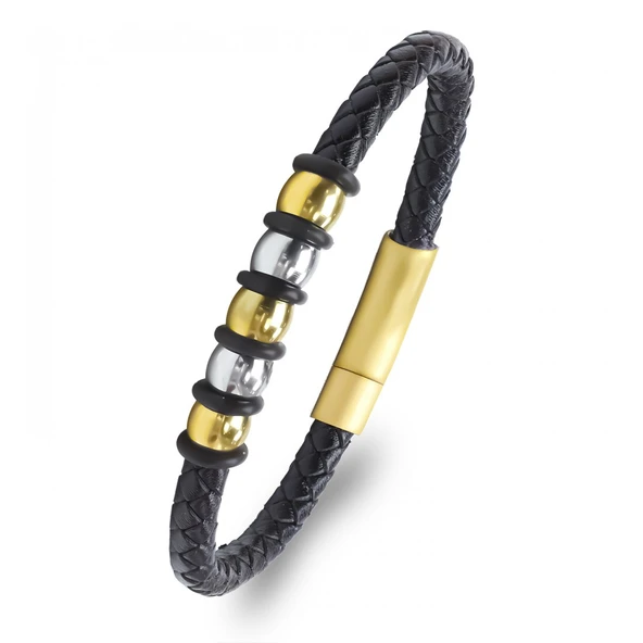 Orijinal Deri ve 316L Altın Tonlu Çelik Erkek Bileklik 31834B21D2 ürün görseli 1