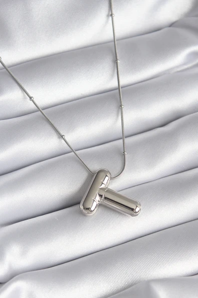 316L Çelik Gümüş Renk Bubble "T" Harf Model Kadın Kolye - TJ-BKO8295 ürün görseli