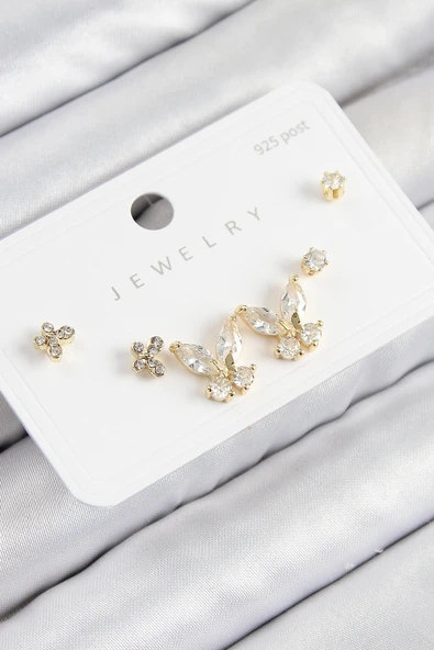 Pirinç Zirkon Taşlı Kelebek Model Gold Renk 925 Ayar Gümüş Çivi Kadın Küpe Set - TJ-BKP11166 ürün görseli