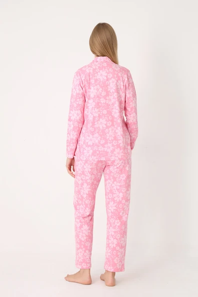 Pembe Flower Effect Önden Düğmeli Pijama Takımı - Resim 3