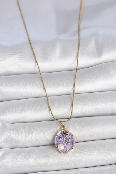 316L Çelik Gold Renk Zincir Mor Çiçek İşlemeli İnci Detay Portre Model Kadın Kolye - TJ-BKO10078 - Resim 2