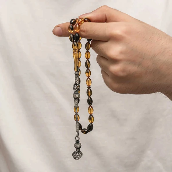 Supertrend Gümüş Kazaz Püsküllü Sıkma Kehribar Tesbih - Resim 4