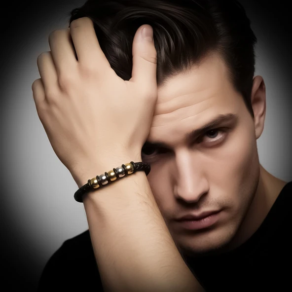 Orijinal Deri ve 316L Altın Tonlu Çelik Erkek Bileklik 31834B21D2 - Resim 2