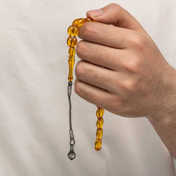 Supertrend Gümüş Kazaz Püsküllü Sıkma Kehribar Tesbih - Resim 3